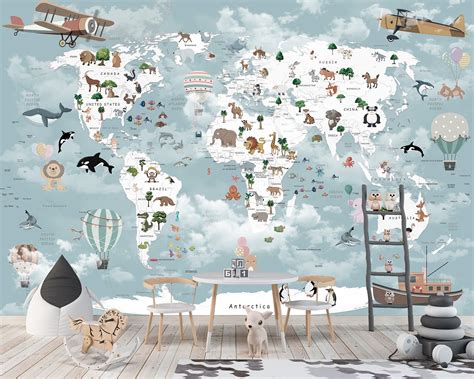 Childrens World Map Mural Wallpaper Educational World Map Peel Etsy