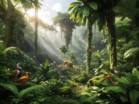 Premium Ai Image A Lush Green Rainforest With A Variety Of Exotic
