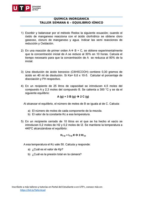 7t Exp Qi A21dox QuÍmica InorgÁnica Taller Semana 6 Equilibrio