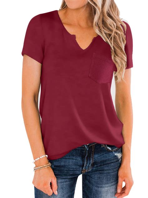 Nlife Women V Neck Short Sleeve Front Pocket T Shirt Wine Red Walmart