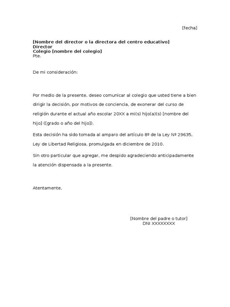 Pdf Modelo De Carta Simple Para Exoneración Del Curso De Religión