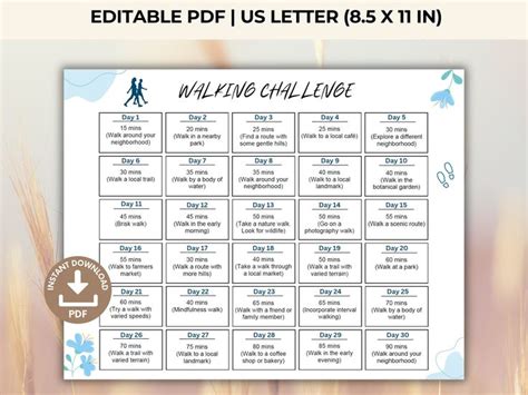 30 Day Walking Challenge Editable Pdf Printable Walking Planner