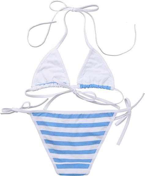 Amazon Agoky Women S Striped Bikini Set Halter Top Tie Side