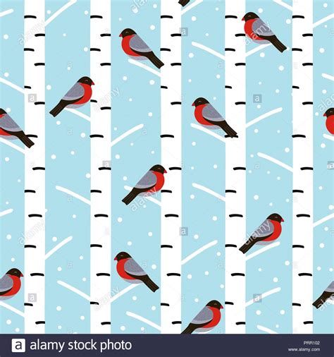 Winter Seamless Pattern With Bullfinches On The Birch Vector