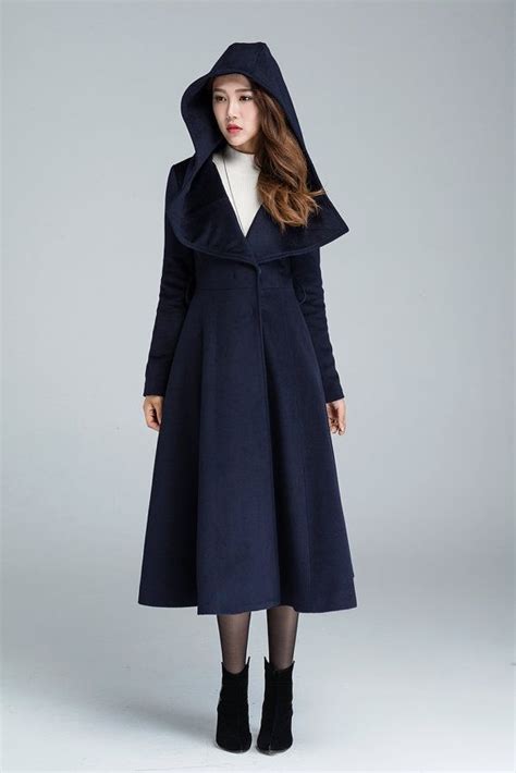 Navy Coat Wool Coat Long Coat Swing Coat Women Jacket Winter Coat Wool Coat With Hood