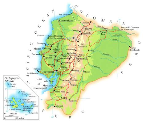 Detallado mapa físico de Ecuador con carreteras, ciudades y aeropuertos ...