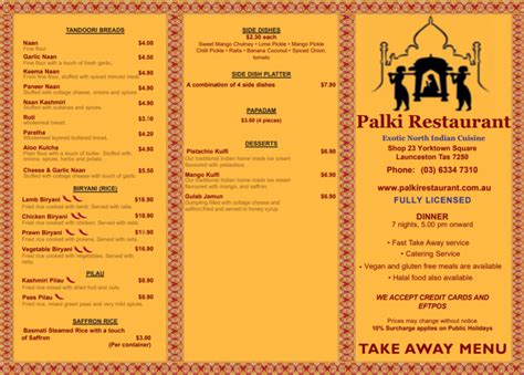 Exotic North Indian Cuisine Takeaway Menu Palki Restaurant