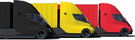 Electric Semi Trailer Trucks Form Flag Of Belgium On White Background