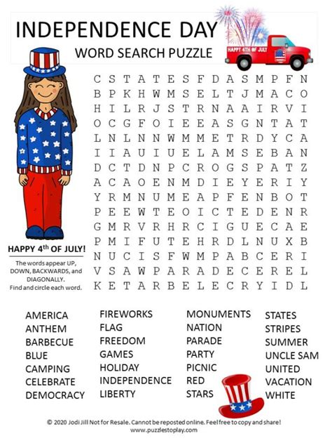 4th Of July Word Search Printable Activities