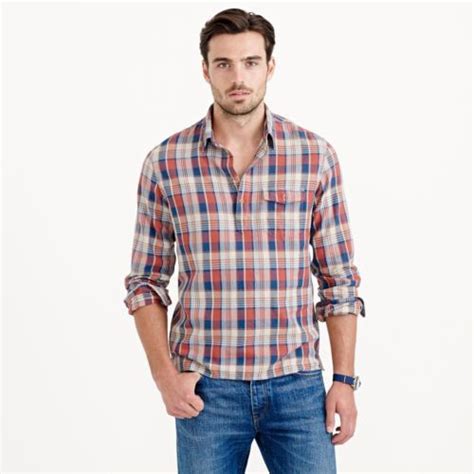 J Crew Herringbone Flannel Popover Shirt Red Blue Plaid Long Sleeve