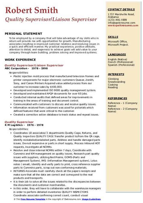 10 Quality Supervisor Resume Samples And Templates For 2025