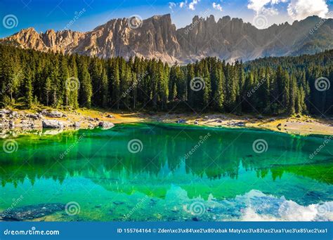 Lake Carezza Bolzano South Tyrol Italy Stock Photo Image Of Pines