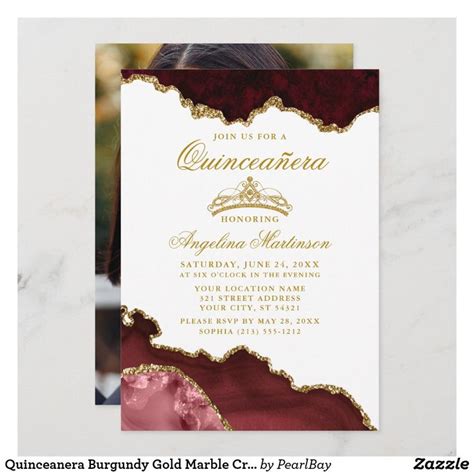 Quinceanera Burgundy Gold Marble Crown Photo Invitation Zazzle