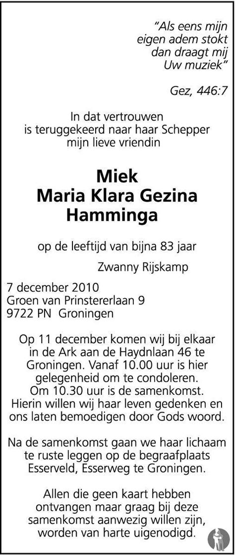 Maria Klara Gezina Miek Hamminga 07 12 2010 Overlijdensbericht En