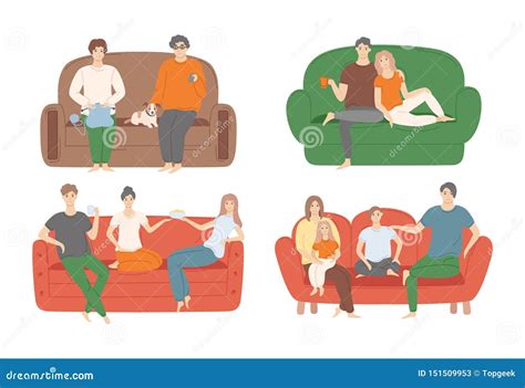 People Sitting On Couch Vector Illustration Set