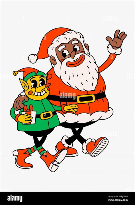 Retro Cartoon Black Santa Claus And Christmas Elf Groovy Vintage 60s