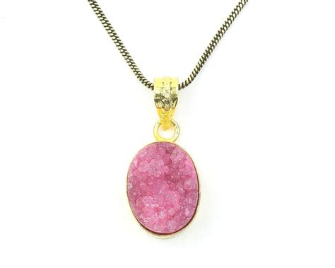 Pink Quartz Druzy Brass Necklace Dyed Quartz Drusy Crystal Necklace Raw Stone Jewelry