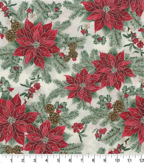 Poinsettia And Pinecones White Metallic Christmas Cotton Fabric Joann