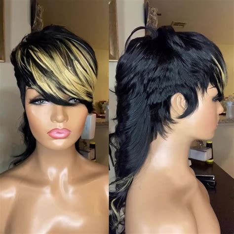 Purplesexy Mullet Wig Human Hair Wigs Long Wave Pixie Cut