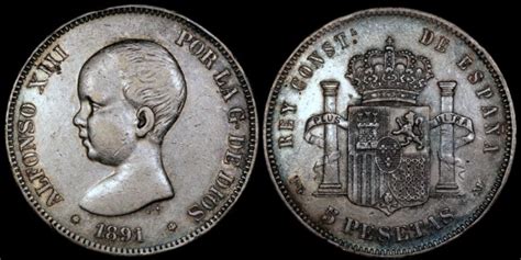 1891 91 PG M Spain 5 Pesetas Alfonso XIII XF European Coins