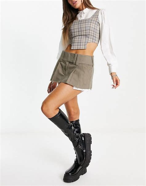 Basic Pleasure Mode Ultra Mini Skirt Kilt With Exposed Pockets In Beige