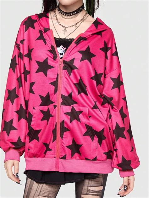 Romwe Avant Scene Outfits Star Print Zip Up Hoodie Shein Usa