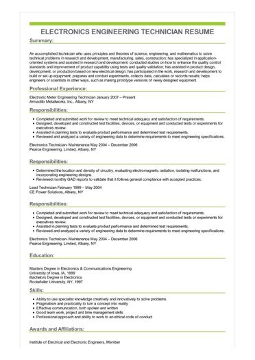 Sample Electronics Engineering Technician Resume