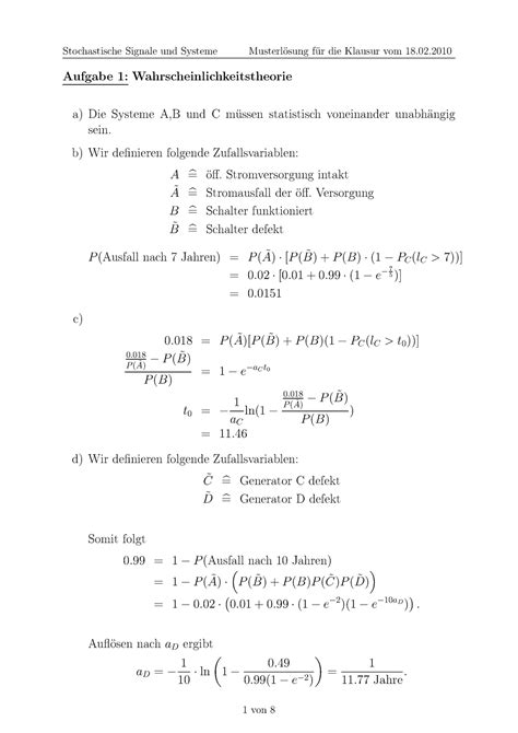 Exam2009 Ws Sol Alte Klausur Aufgabe 1 Wahrscheinlichkeitstheorie A