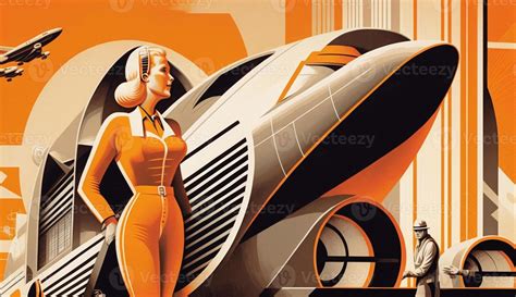 Illustration Of Woman And Transport With Future Technology In Retro