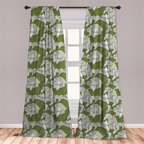 Green And White Curtains 2 Panels Set Abstract Calla Lily Flowers In