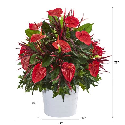 29” Mixed Anthurium Artificial Plant In White Tin Planter Nearly Natural