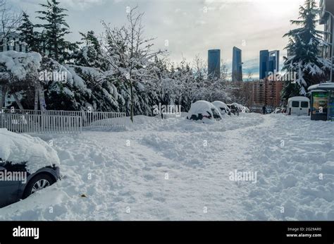 Madrid Spain January Streets Of Madrid Blanketed With The