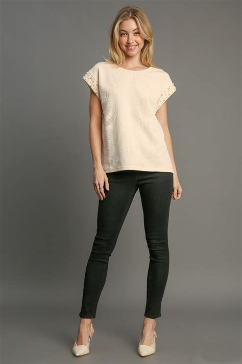 Umgee Boxy Cut Textured Top With Pearl Details In Cream June Adel