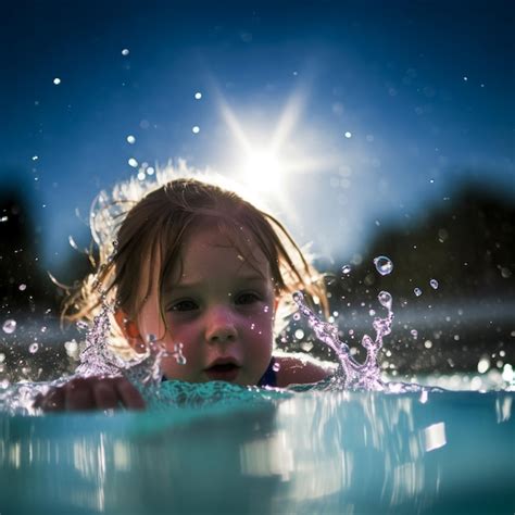 Una niña está nadando en una piscina con el sol detrás de ella Foto