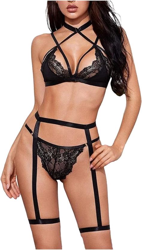 Amlousser Damen Dessous Strapse Set Sexy Unterwäsche 3 Tlg Erotik Reizwäsche Lingerie Spitze Bh