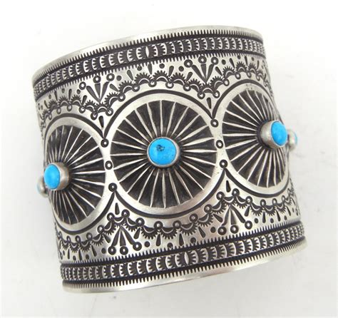 Navajo Herman Smith Sterling Silver And Turquoise Wide Band Hand