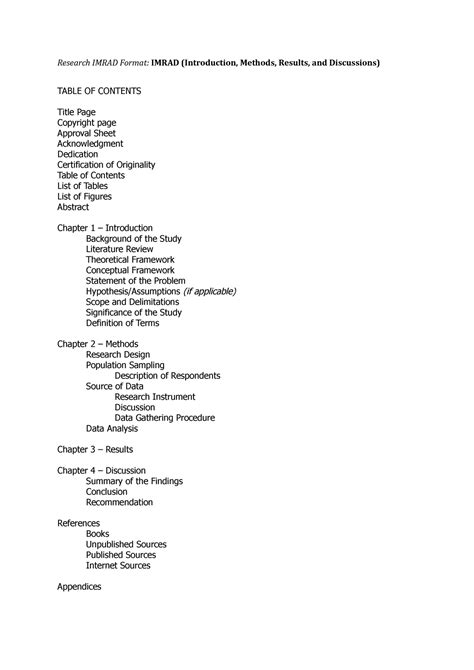 Research IMRAD Table Of Contents Research IMRAD Format IMRAD