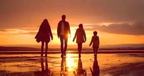 Una Familia Camina En Una Playa Al Atardecer Foto Premium