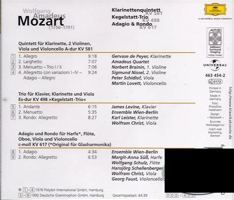 Wolfgang Amadeus Mozart Klarinettenquintett Kegelstatt Trio Adagio