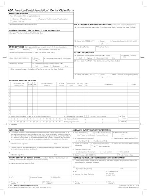 Blank Printable Ada Dental Claim Form