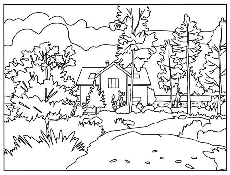 Coloring Book Lovely Landscape Farmhouse In The Forest Vector Art