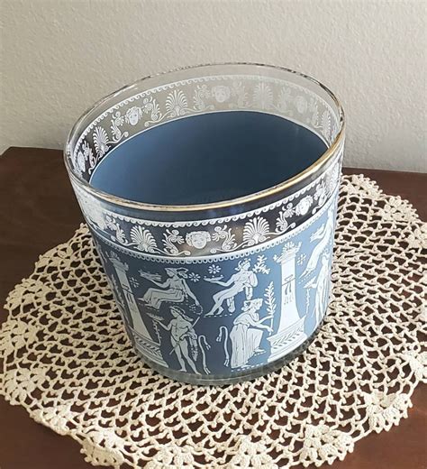 Jeannette Glass Hellenic Wedgewood Corinthian Blue Ice Bucket Vintage Glass Ice Bucket Blue