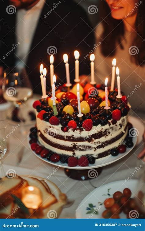 Birthday Cake With Lit Candles On Table Stock Illustration