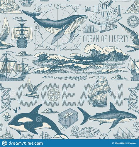 Vintage Seamless Pattern On Theme Of Sea Travel Stock Vector