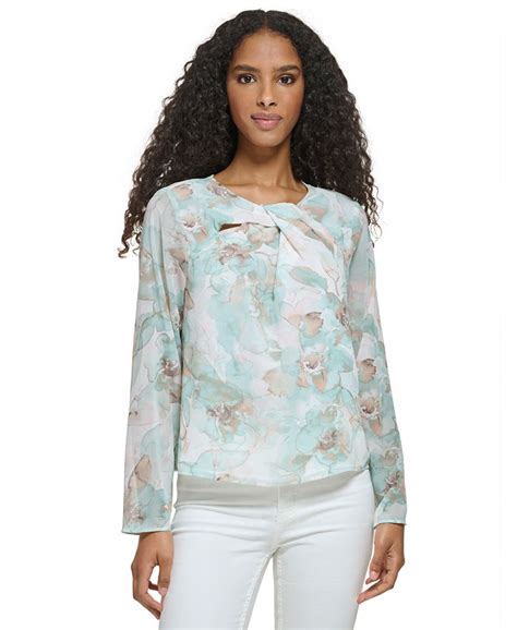 Calvin Klein Womens Long Sleeve Printed Twist Neck Chiffon Blouse Macys