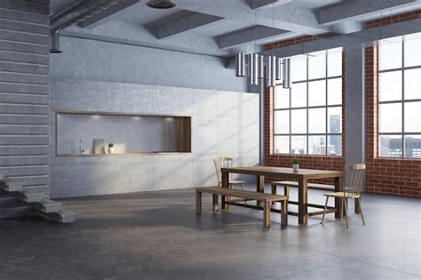 Interior De Comedor Blanco Con Una Larga Mesa De Madera Dos Sillas Y