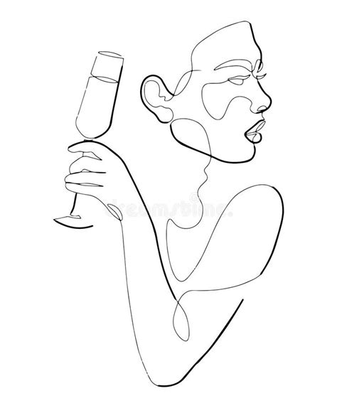 Beautiful Girl Holding A Glass Vector Line Illustration One Line Art