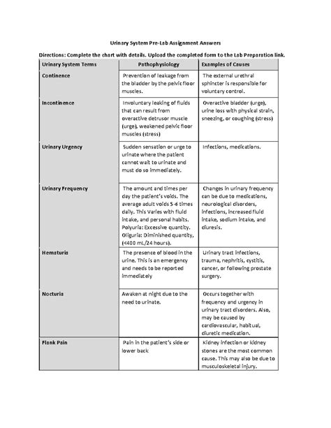 GU Urinary System Pre Lab Answers Urinary System Pre Lab Assignment