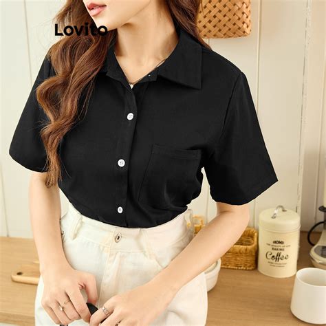 Lovito Women Casual Plain Colorblock Button Front Blouse L Ed