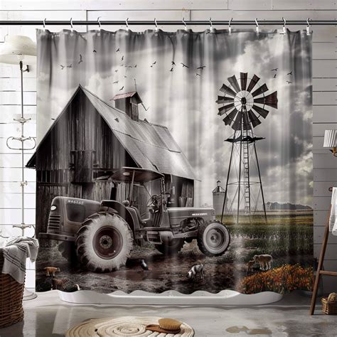 Rustic Farm Barn Windmill Shower Curtain Set Vintage Tractor Industrial